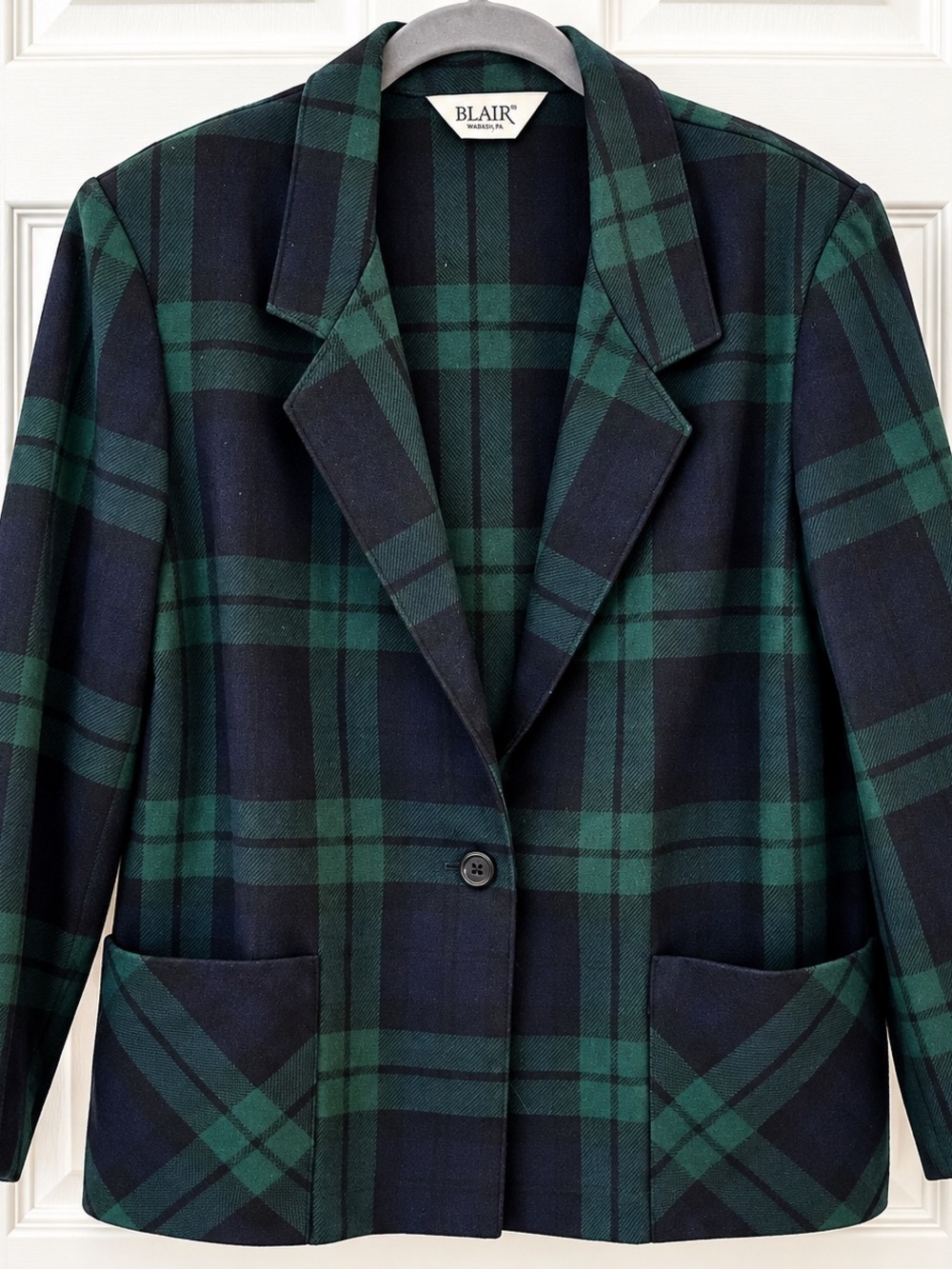 Vintage Blair Green & Black Plaid Blazer Green/Navy Recycled Wool Made USA 90s